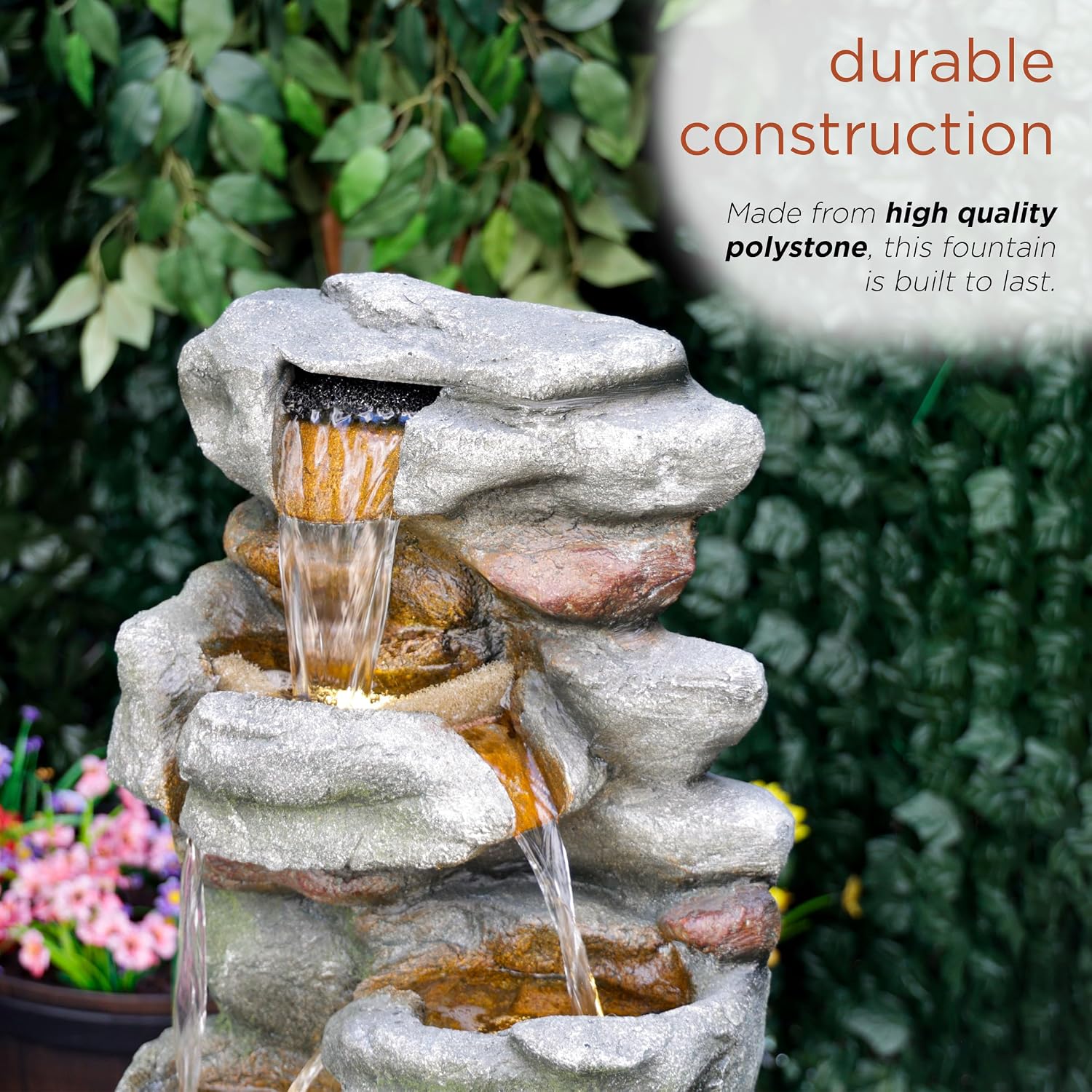 Alpine Corporation 39' Tall Outdoor Mult-itiered Elegant Rock Look Waterfalls Floor Fountain with LED Lights, Gray