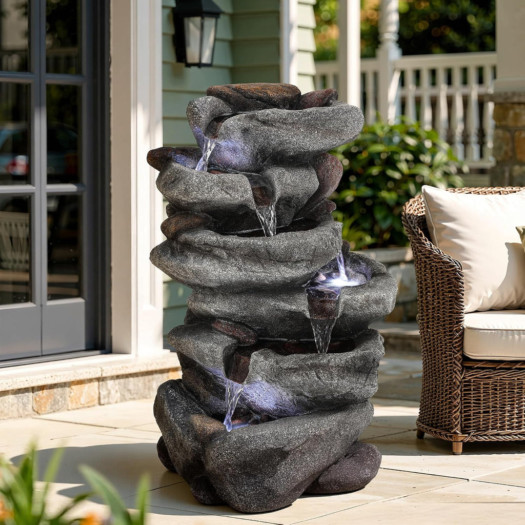 20' H Outdoor Water Fountain with LED Lights, 5-Tier Rock Outdoor Fountain with Pump,Polyresin Cascading Freestanding Waterfall Feature for Tranquil Garden, Patio or Porch