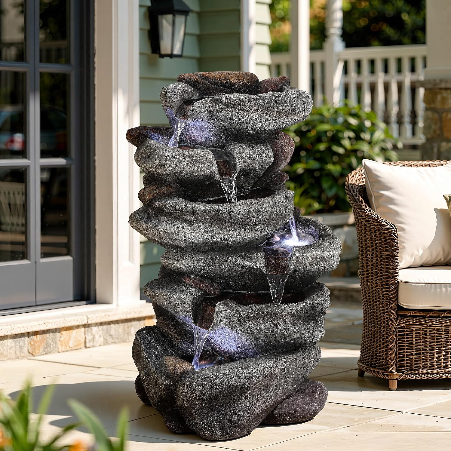 20' H Outdoor Water Fountain with LED Lights, 5-Tier Rock Outdoor Fountain with Pump,Polyresin Cascading Freestanding Waterfall Feature for Tranquil Garden, Patio or Porch