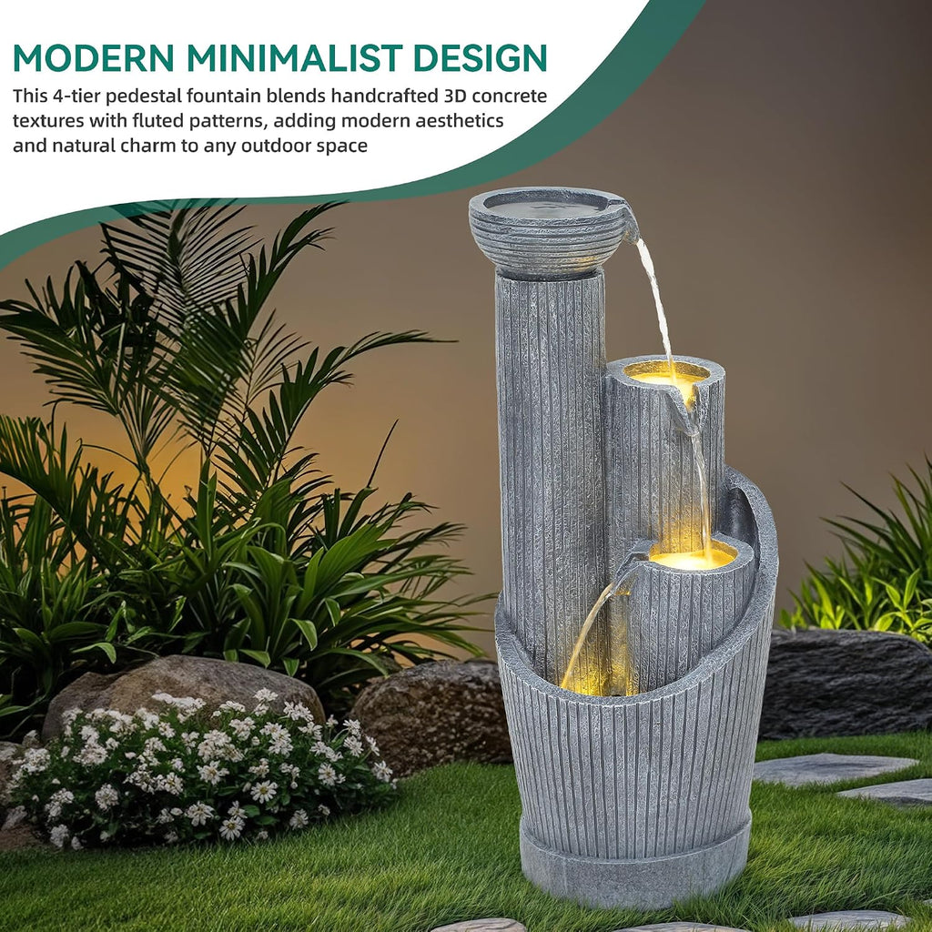 31' Modern Outdoor Water Fountain with LED Lights, 5-Tier Twist Pedestal Bowl Garden Fountain, Cascading Waterfall for Relaxing Garden, Patio, Backyard, Deck, Porch or Home Decor