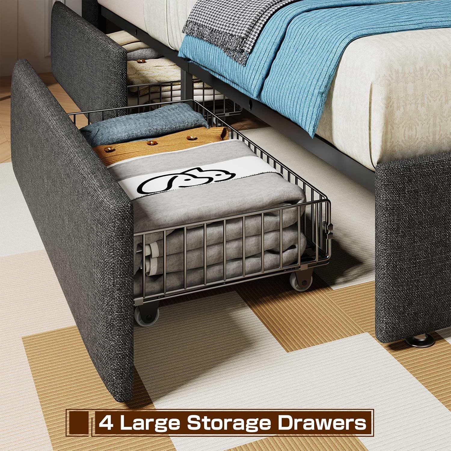 Driftalia LED Full Size Bed Frame with 4 Storage Drawers, Upholstered Full Bed Frame with 2-Tier Headboard and Charging Station, No Box Spring Needed, Easy to Assembly - Black Grey