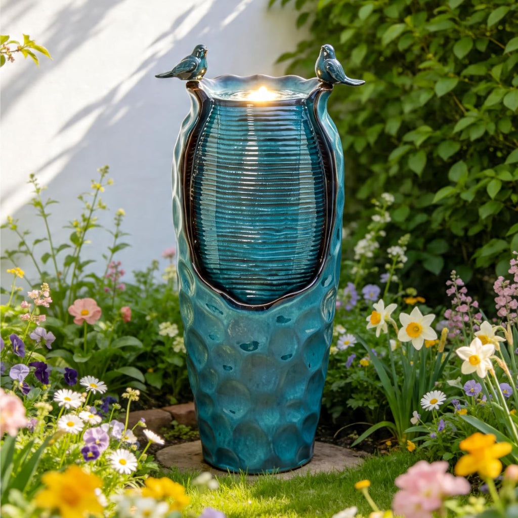 32.5' H Ceramic Jar Outdoor Fountain, Honeycomb Pot Water Feature with LED Lights, Soothing Trickling Waterfall for Garden, Patio, Yard, Balcony Oasis, KD Vivid Birds, Turquoise Glaze