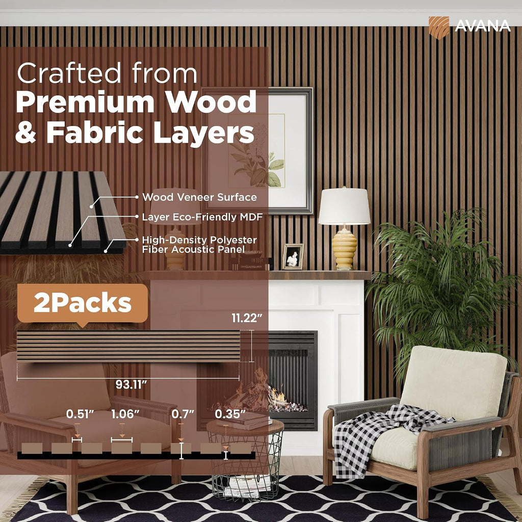 Avana Acoustic Wood Wall Panels – 93.2x11.25 Inch Panels – Fits 94x12 Layout – Smoke Walnut Acoustic Panels 2 PCs – Wall Panels for Interior Wall Decor for Homes, Offices – Wood Panels for Wall