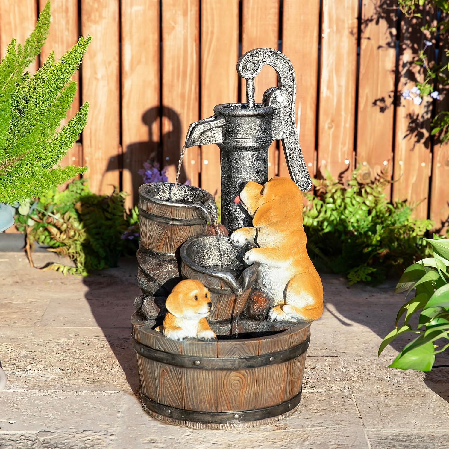 Glitzhome Water Fountain Outdoor, Outdoor Fountain with Lights & Pump, 23.75' H Cute Dog Playing Around The Water Polyresin Cascading Waterfall Floor Standing Water Feature for Garden, Patio