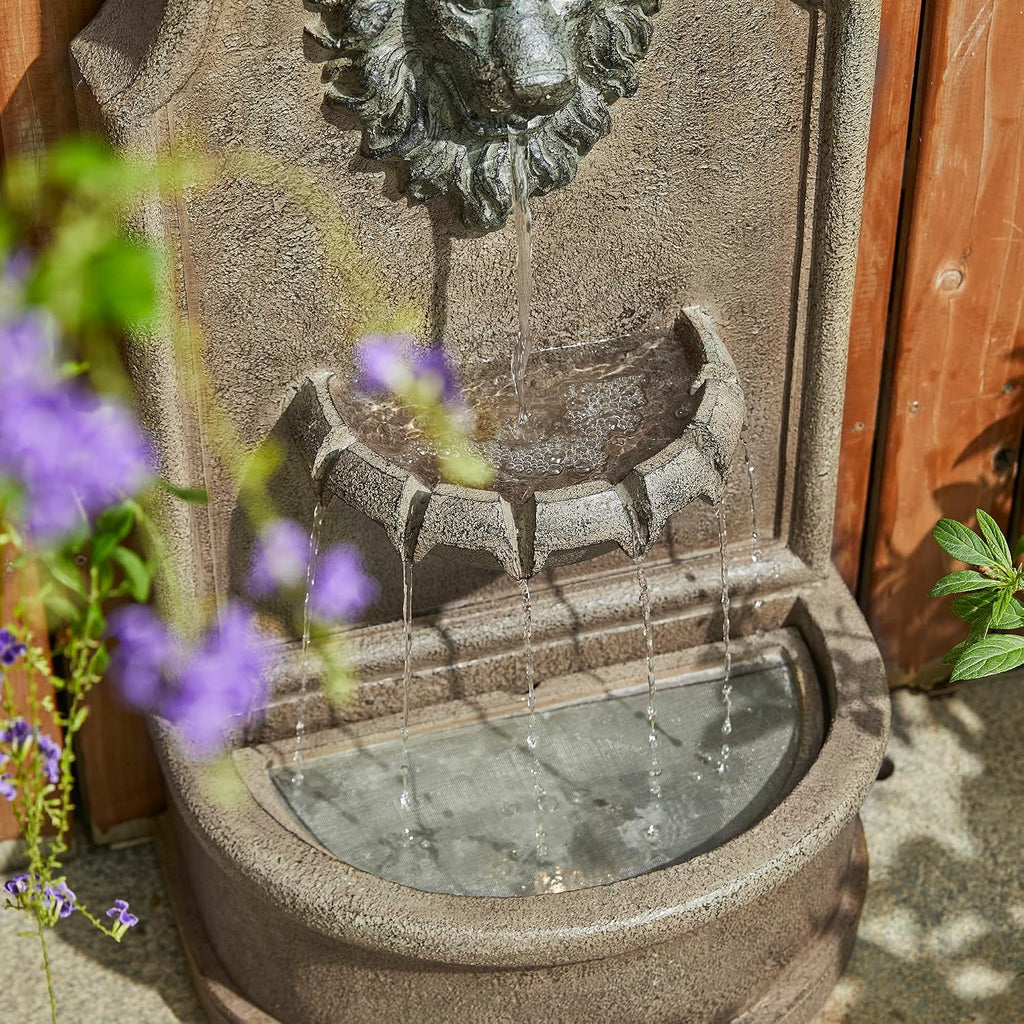 Glitzhome 3-Tier Outdoor Water Fountain with LED Light, Oversized Vintage European Style Lion Head Waterfall Fountains, Rustic Faux Granite Fountain for Garden Patio Deck Porch, 31.75'H