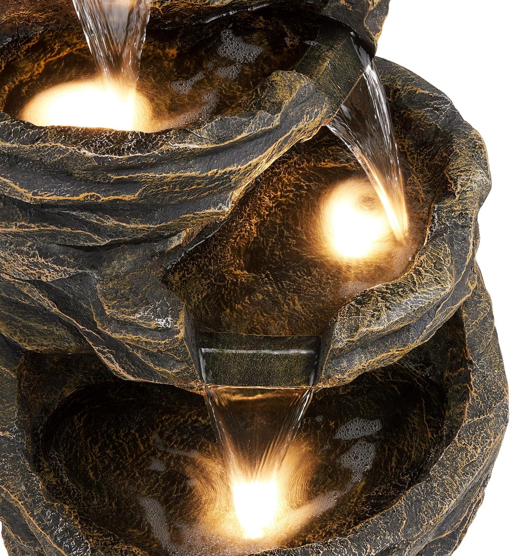 Alpine Corporation 39' Tall Outdoor 5 Tiered Natural Look Rock Water Floor Fountain with Replaceable Lights, Brown