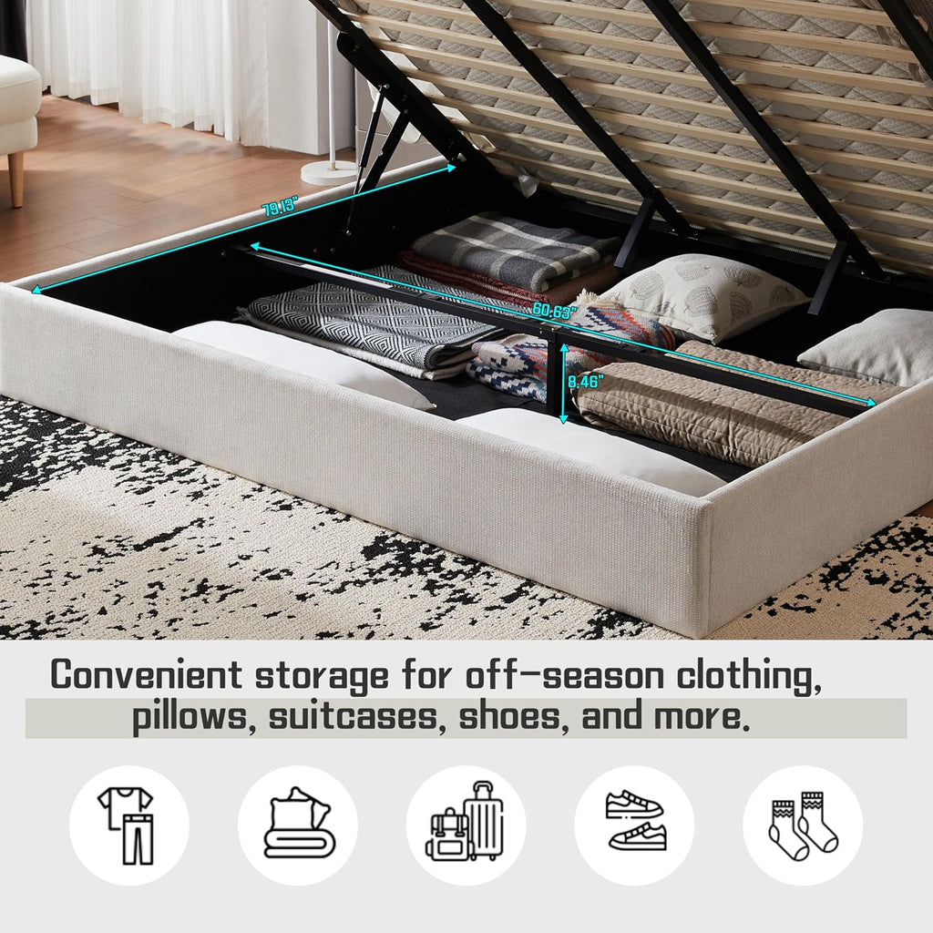 Lift Up Storage Bed King Size, Linen Upholstered Platform Bed with Hydraulic System & Wood Slats Support, King Bed Frame with 3-Panel Headboard, No Box Spring Needed, Easy Assembly, Ivory