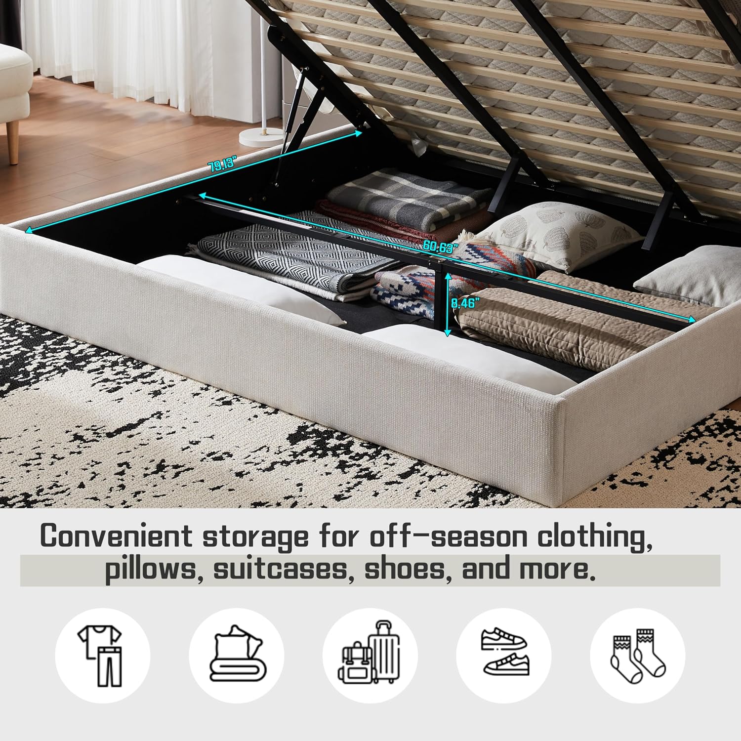 Lift Up Storage Bed King Size, Linen Upholstered Platform Bed with Hydraulic System & Wood Slats Support, King Bed Frame with 3-Panel Headboard, No Box Spring Needed, Easy Assembly, Ivory