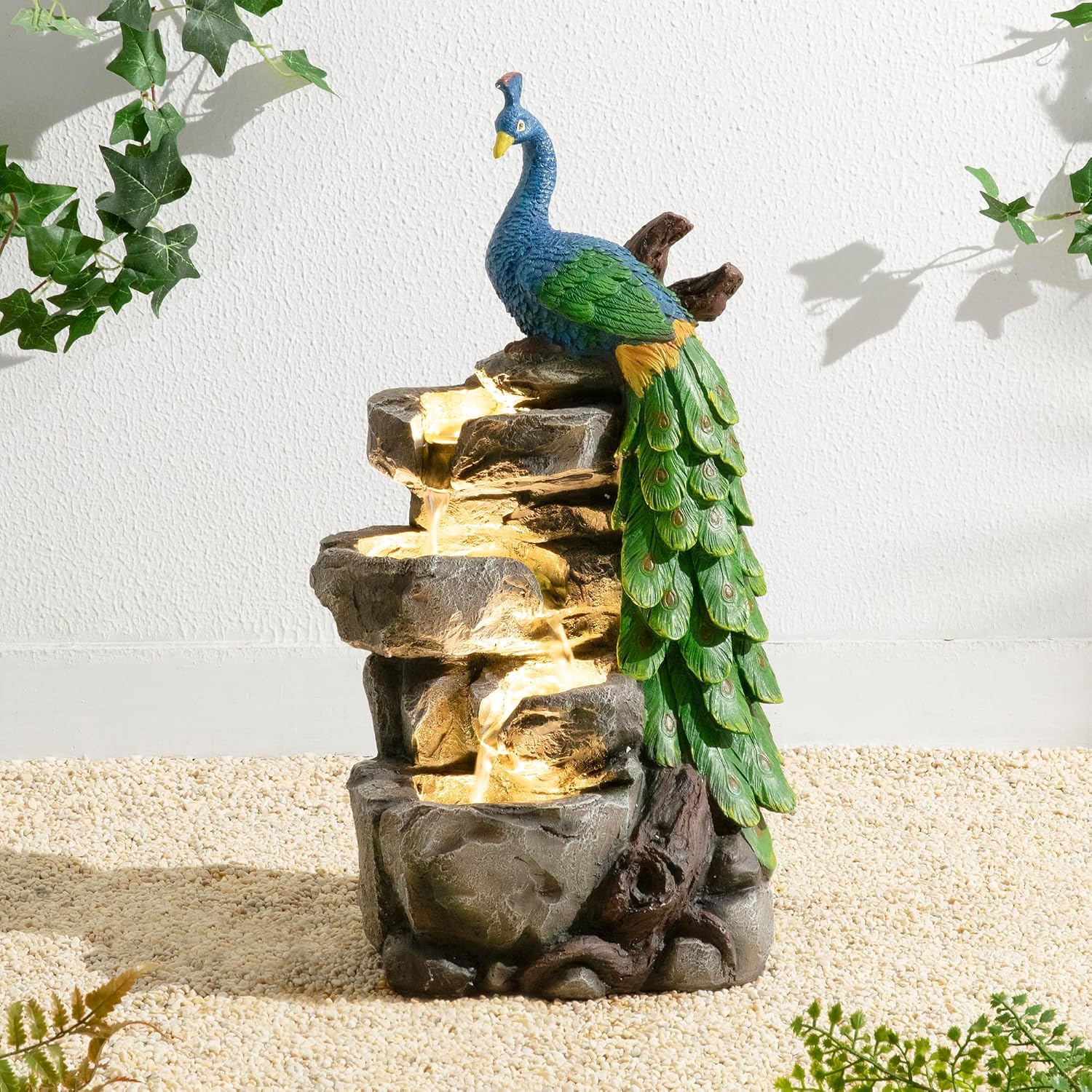 Glitzhome Outdoor Water Fountain,20.5' H Polyresin Outdoor Fountain with Lights, 4-Tierd Peacock W/Stacked Stone Decorative Waterfall Feature Garden Fountain with Pump for Garden, Patio, Porch Decor