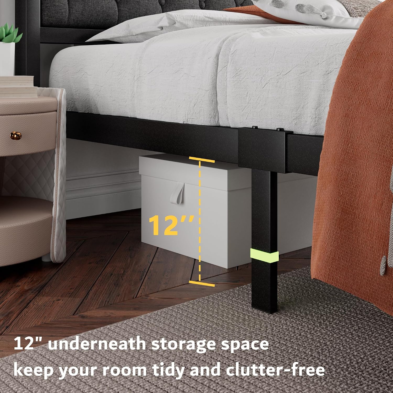 iPormis Queen Bed Frame with Headboard Faux Leather Upholstered Bed Frame Platform, All Metal Slats Support Platform Bed Frame with 12' Under Bed Space, Noise Free, No Box Spring Needed, Dark Grey