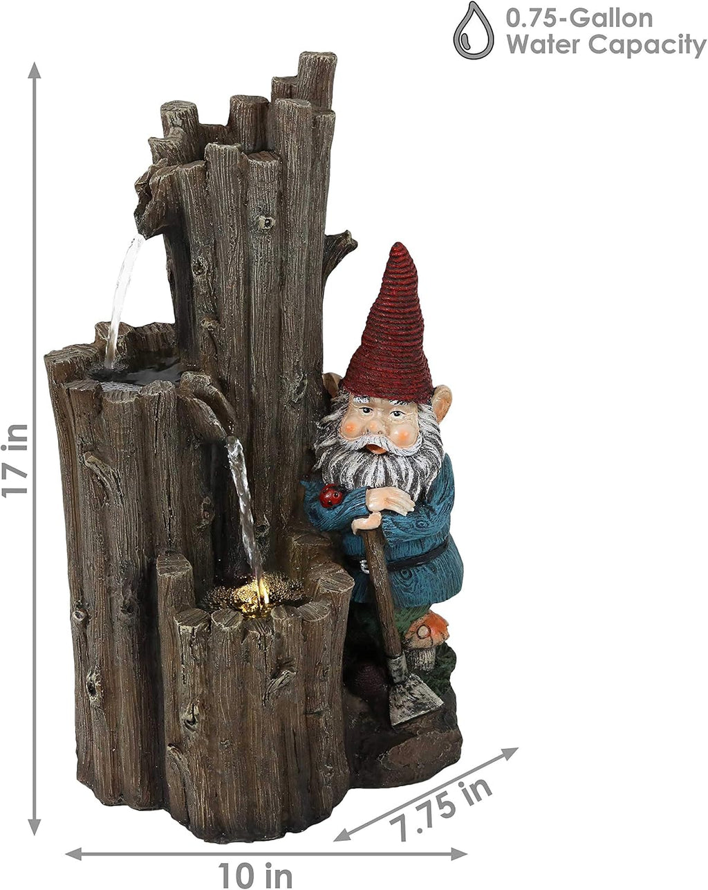 Sunnydaze Resting Gnome Outdoor Water Fountain with LED Light - Gnome Garden Fountain for Patio, Backyard or Deck - 17' High