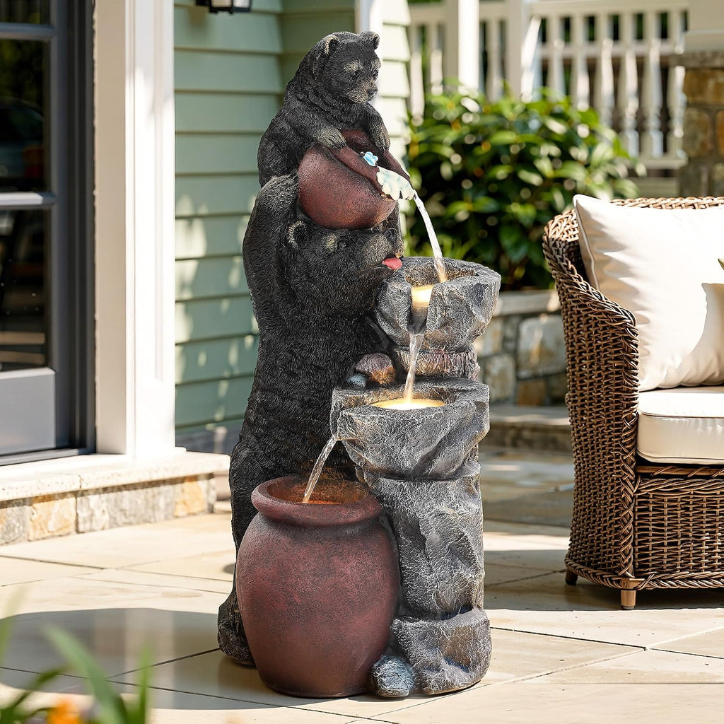 37.5' H Resin Playful Twin Bear Fountain Outdoor, Whimsical Multi-Tiered Stone Vessel Water Feature Outdoor with Lights, Soothing Cascading Waterfall for Patio, Backyard, Garden or Porch