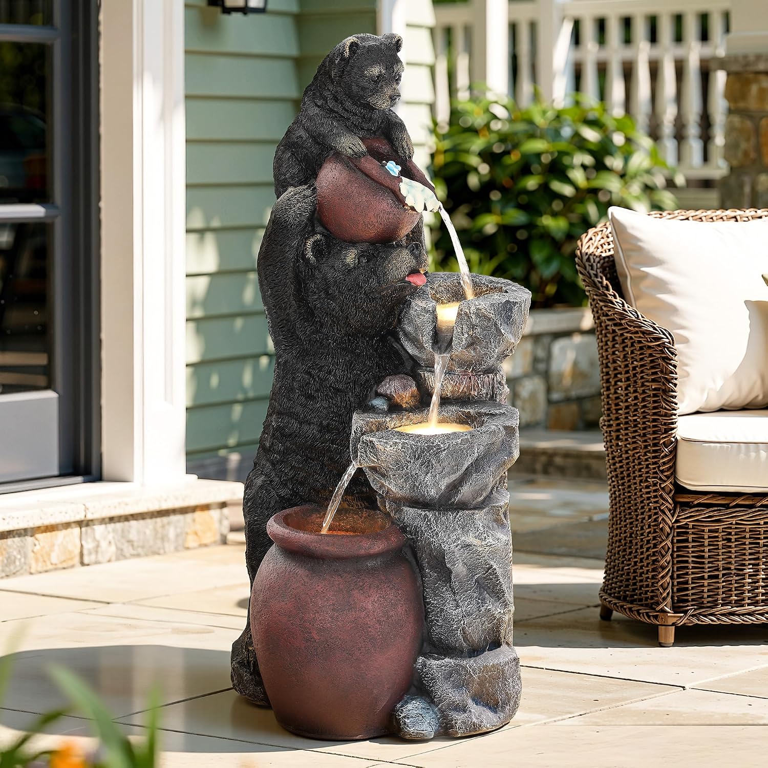 37.5' H Resin Playful Twin Bear Fountain Outdoor, Whimsical Multi-Tiered Stone Vessel Water Feature Outdoor with Lights, Soothing Cascading Waterfall for Patio, Backyard, Garden or Porch