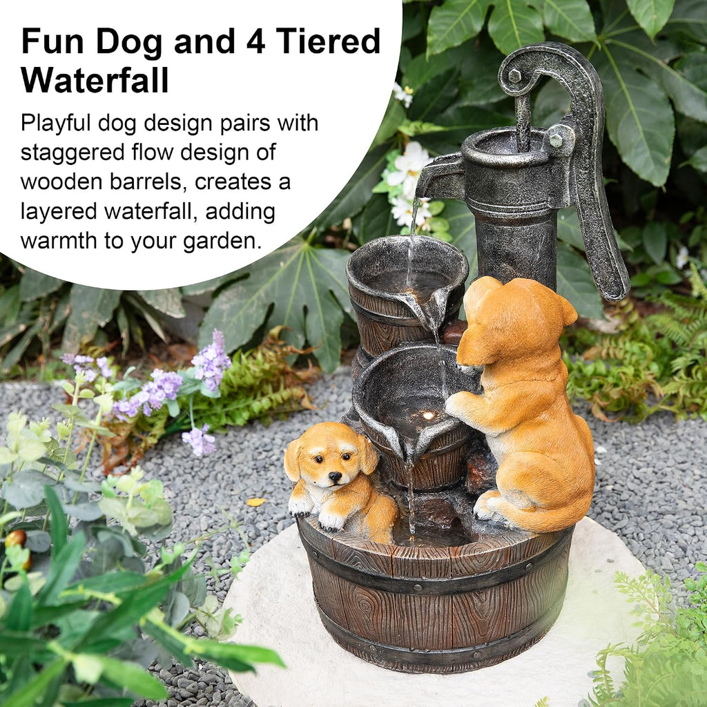 Glitzhome Water Fountain Outdoor, Outdoor Fountain with Lights & Pump, 23.75' H Cute Dog Playing Around The Water Polyresin Cascading Waterfall Floor Standing Water Feature for Garden, Patio