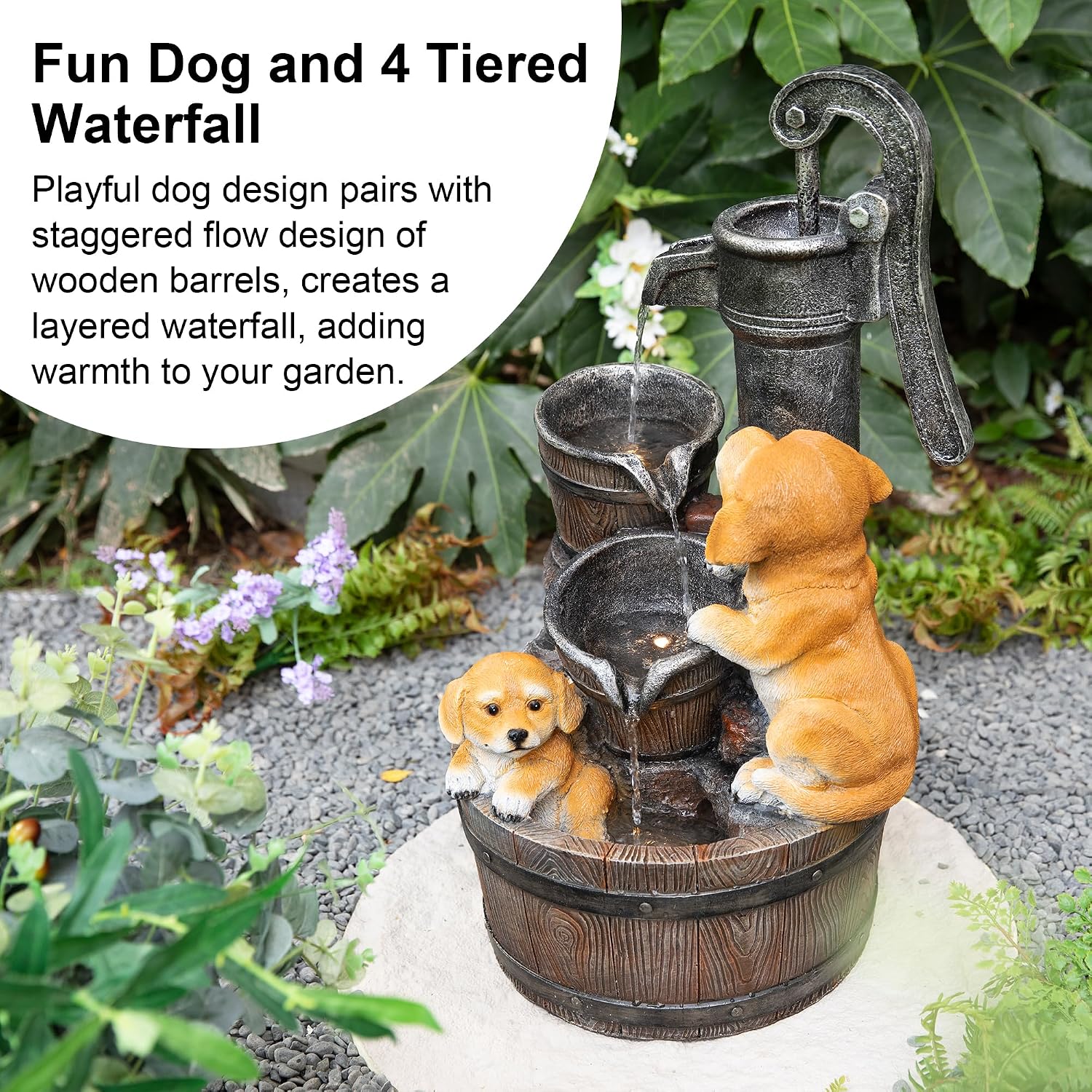 Glitzhome Water Fountain Outdoor, Outdoor Fountain with Lights & Pump, 23.75' H Cute Dog Playing Around The Water Polyresin Cascading Waterfall Floor Standing Water Feature for Garden, Patio