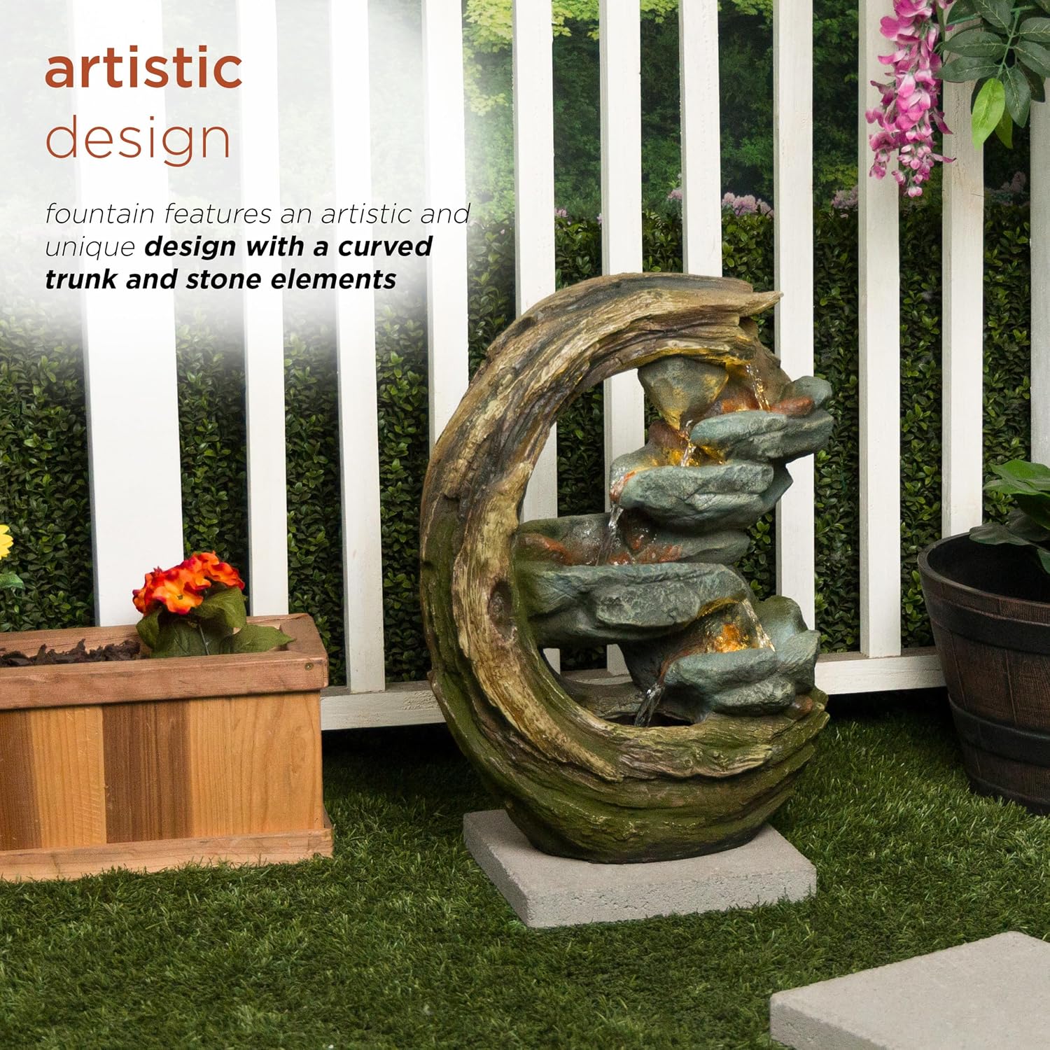 Alpine Corporation WIN1554S Outdoor Curved Trunk and Stone Floor Fountain with Warm White LED Lights, Tiered Garden Decor, 24' H, Brown