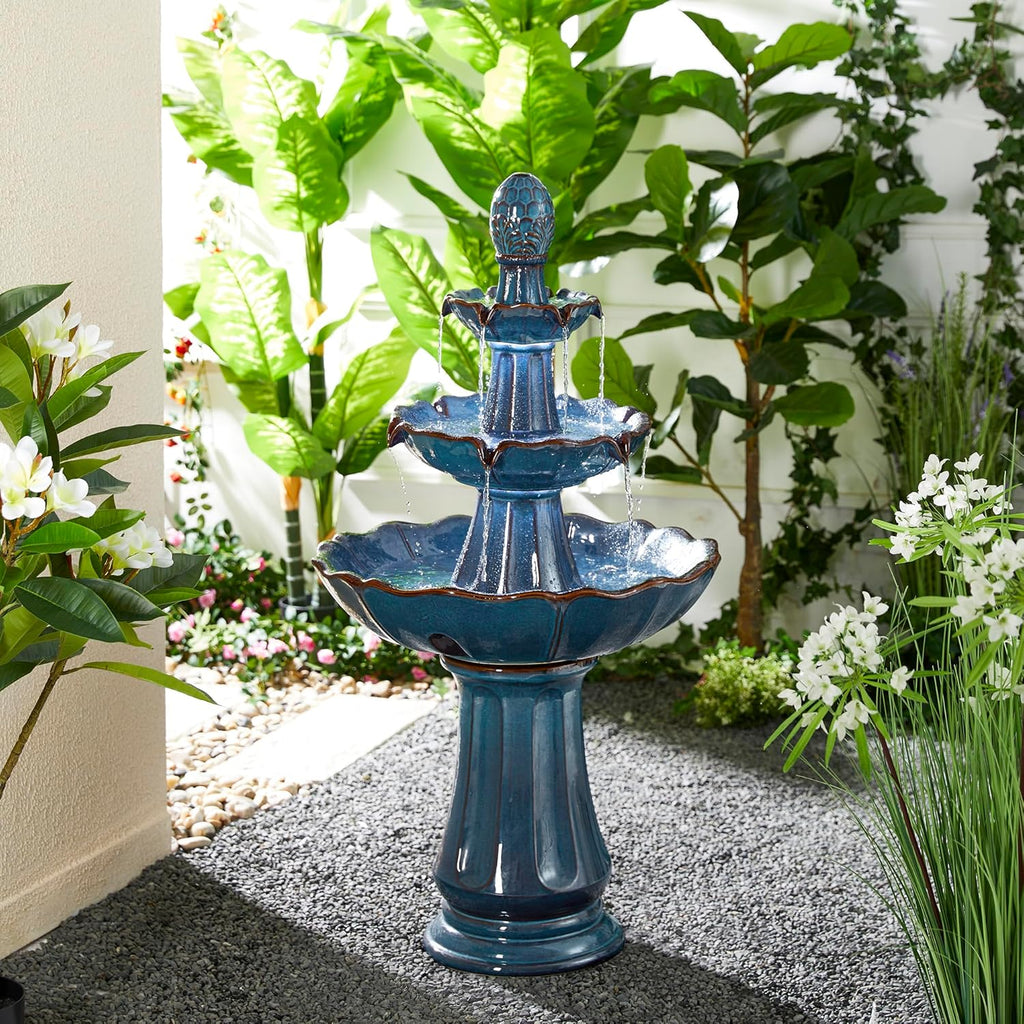 Glitzhome Outdoor 3 Tier Pedestal Fountain with LED Light & Pump - 45.25' H, Ceramic Turquoise Water Fountains Waterfall Large Floor-Standing Garden Fountain for Patio, Lawn, Backyard