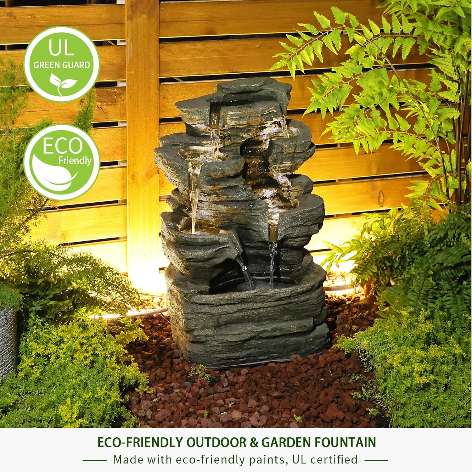 Bumilgar 6 Tier Cascading Rock Solar Water Fountain Outdoor Garden Waterfall Decor for Garden, Patio, Backyard, Deck, Porch and Home Art Decor,24.4' H Outdoor Fountain with LED Lights