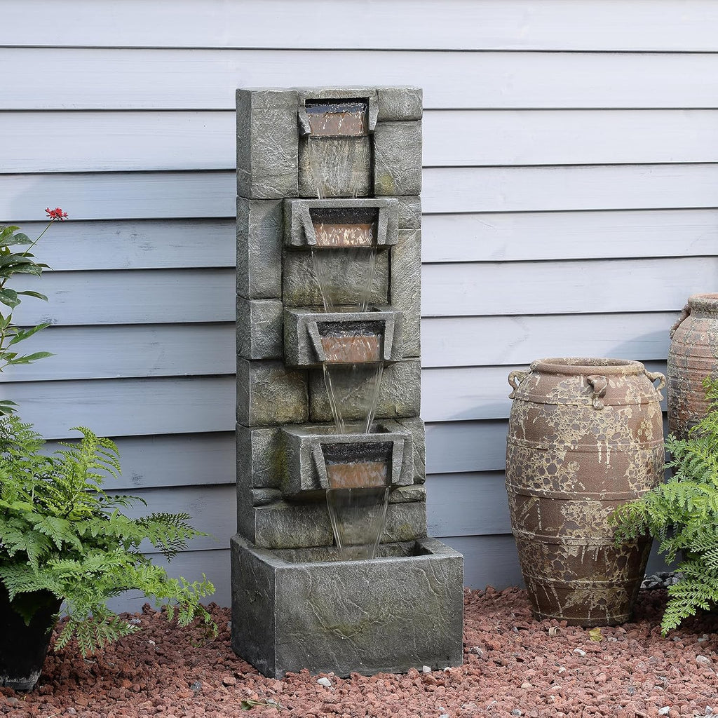 Outdoor Waterfall Fountain with LED Lights, 41' Tall Stone-Look Cascading Water Feature for Home Décor, Realistic Flowing Water Sound for Relaxation, Freestanding Indoor/Outdoor Fountain