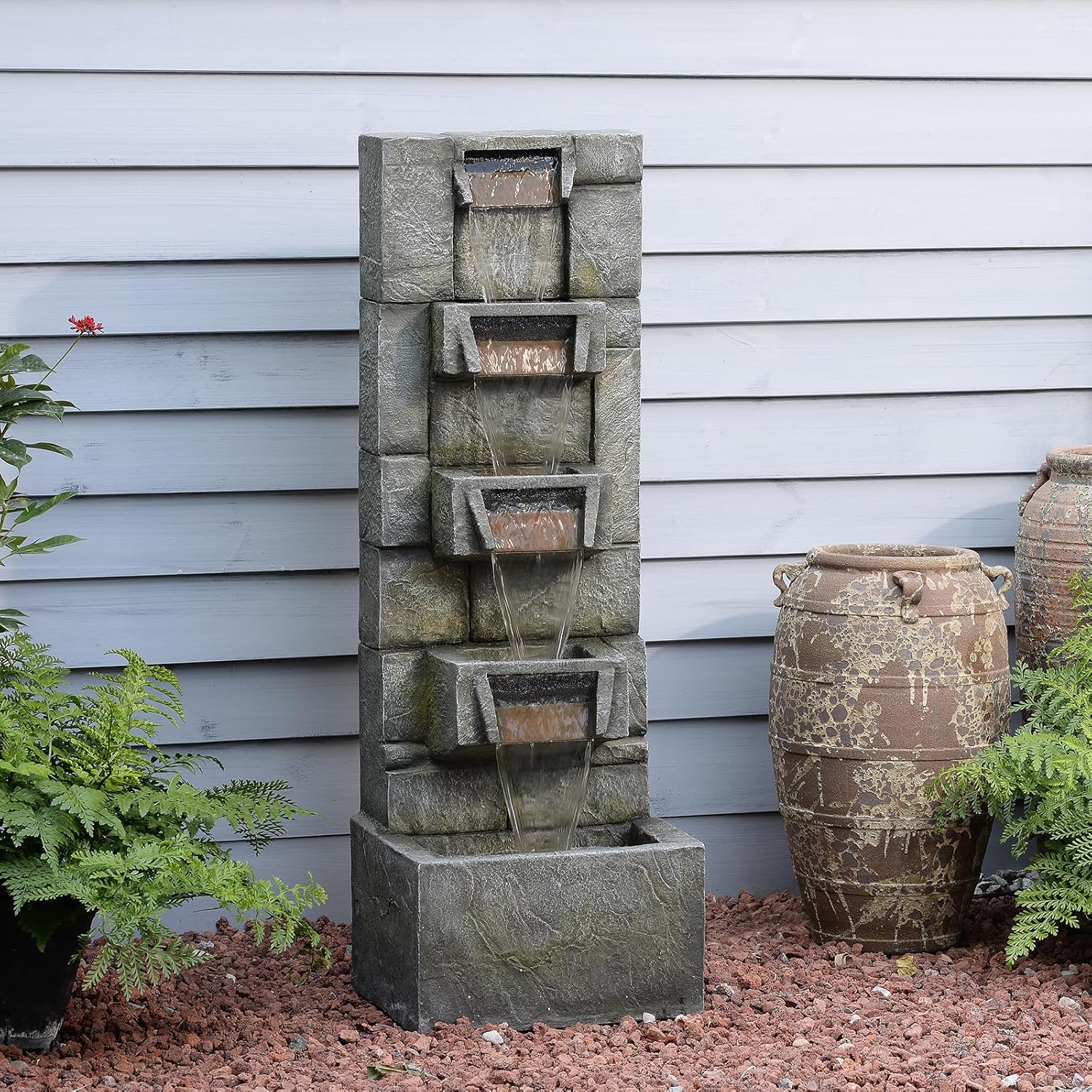 Outdoor Waterfall Fountain with LED Lights, 41' Tall Stone-Look Cascading Water Feature for Home Décor, Realistic Flowing Water Sound for Relaxation, Freestanding Indoor/Outdoor Fountain