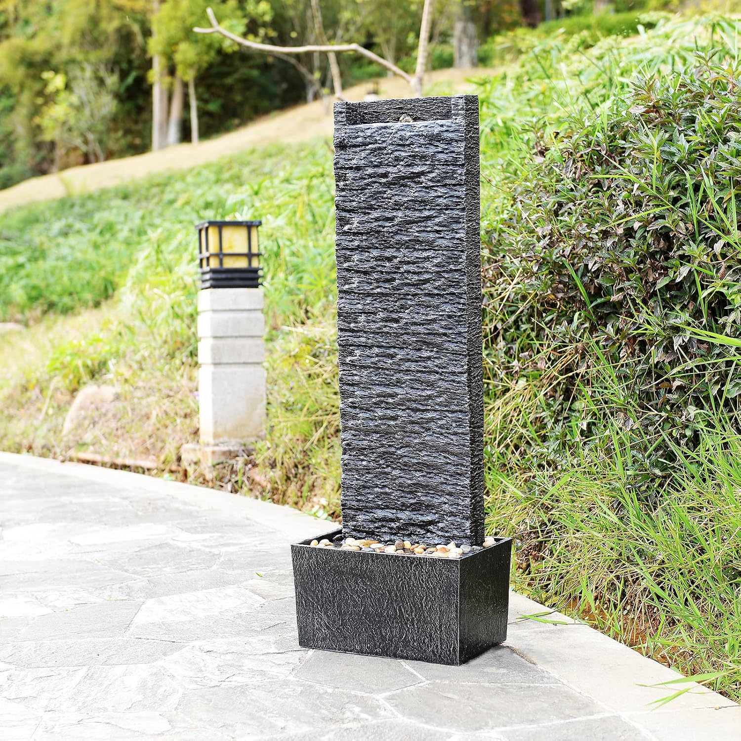 Water Fountain Outdoor, Floor Standing LED Illuminated Water Flow Elegant Water Fountain Pump 38.5' with Pebble Base for Garden, Patio and Yard (24372)