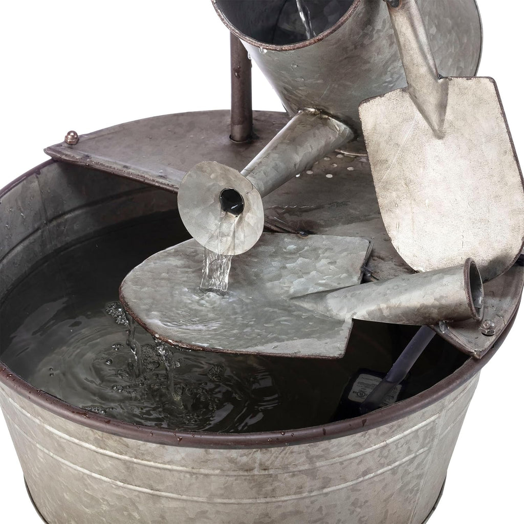 Alpine Corporation YHL106 Outdoor Floor 3-Tiered Metal Garden Tools Water Fountain, Tools and Faucet Waterfall, 28', Gray