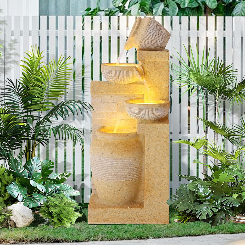 Grepatio 4-Tiers Indoor/Outdoor Garden Water Fountain, 32'H Cascading Water Feature Waterfalls Fountain with LED Lights, Outdoor Floor Standing Water Fountains for Garden, Yard, Patio, Decor (Yellow)