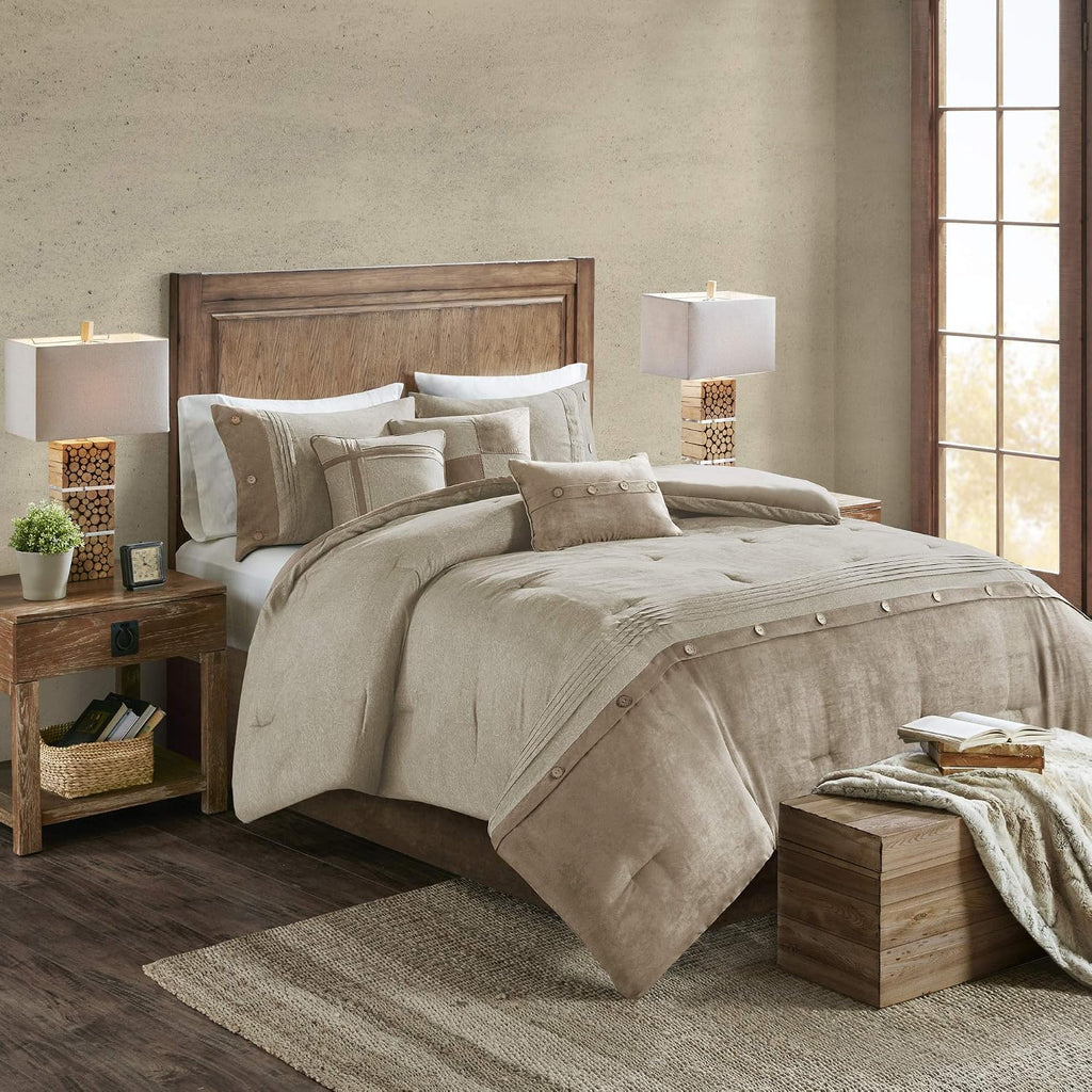 Madison Park Boone Cozy Comforter Set, Faux Suede, Deluxe Hotel Styling All Season Down Alternative Bedding Matching Shams, Decorative Pillow, California King (104 in x 92in), Rustic Tan 7 Piece