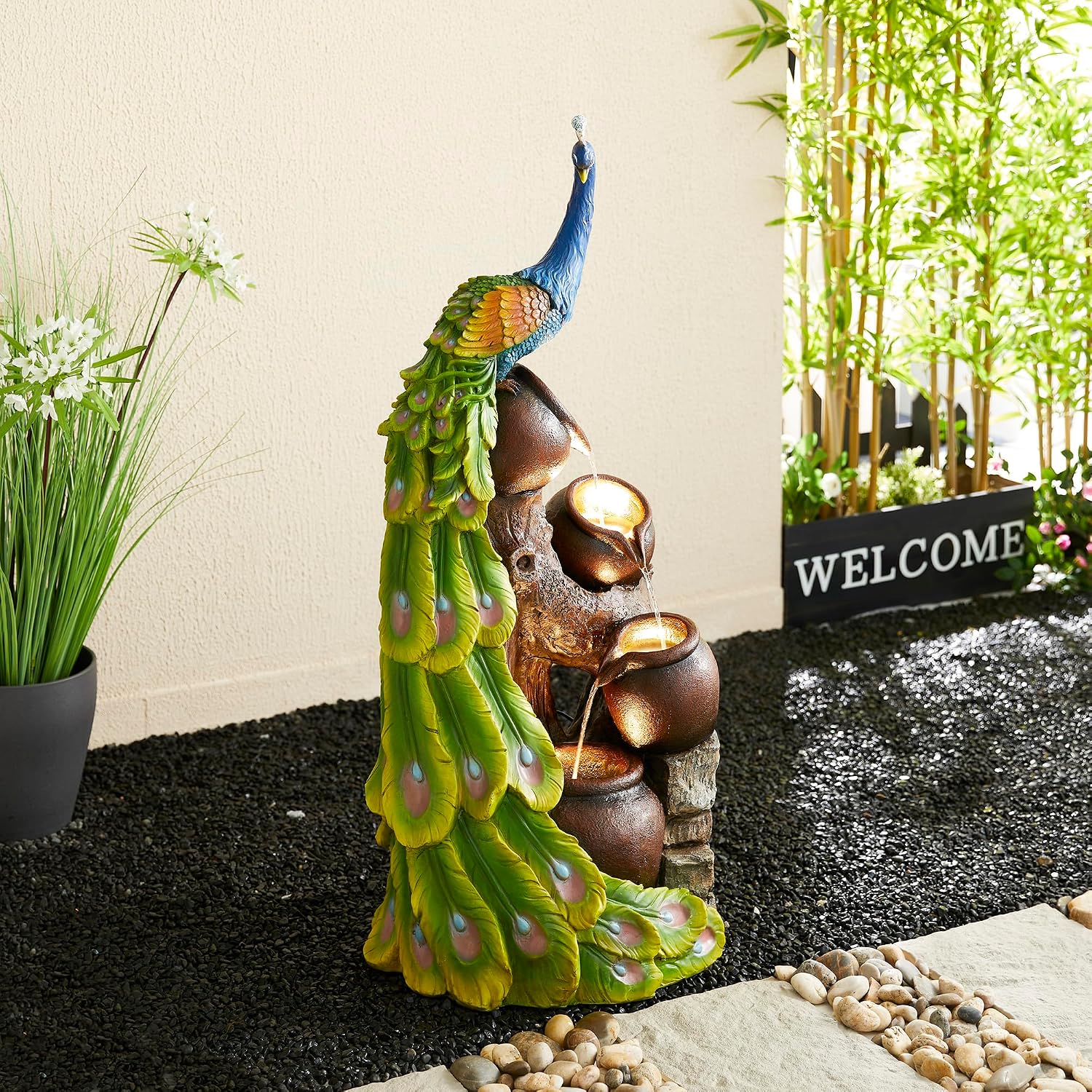 Glitzhome 4-Tier Oversized Peacock Sculpture with Jars Outdoor Water Fountain with LED Light, Resin Peacock Statue Waterfall Fountain with Submersible Pump for Garden Patio Porch, 40'H