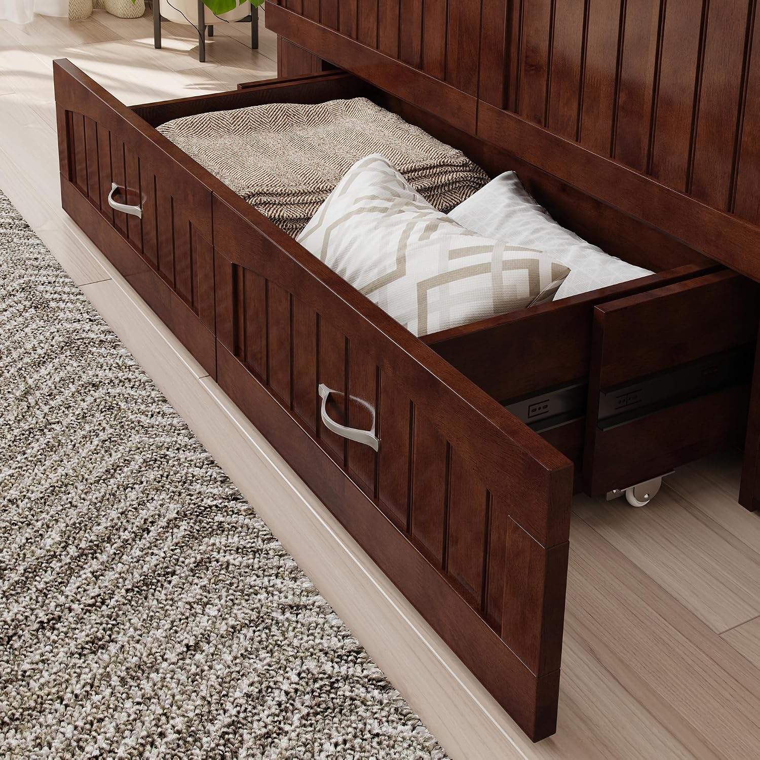 AFI, Southampton Murphy Bed Chest Full with 6' Mattress, Built-in USB Charger & Storage Drawer, Walnut