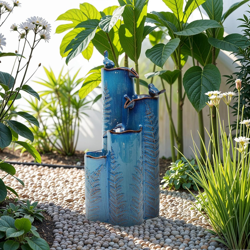 32' Outdoor Water Fountain, Ceramic Outdoor Fountain, Stacked 4-Tier Vase Waterfalls for Garden, Patio, Yard, or Porch Decor, Creating Relaxing Serene Oasis, Embossed Leaf Pattern, Turquoise