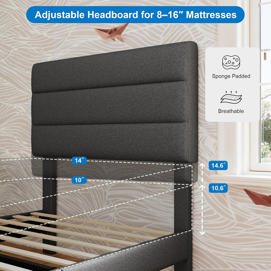 GOLDORO Twin Size Platform Bed Frame with Upholstered Headboard, Wooden Slats Support, No Box Spring Needed, Easy Assembly, Dark Grey