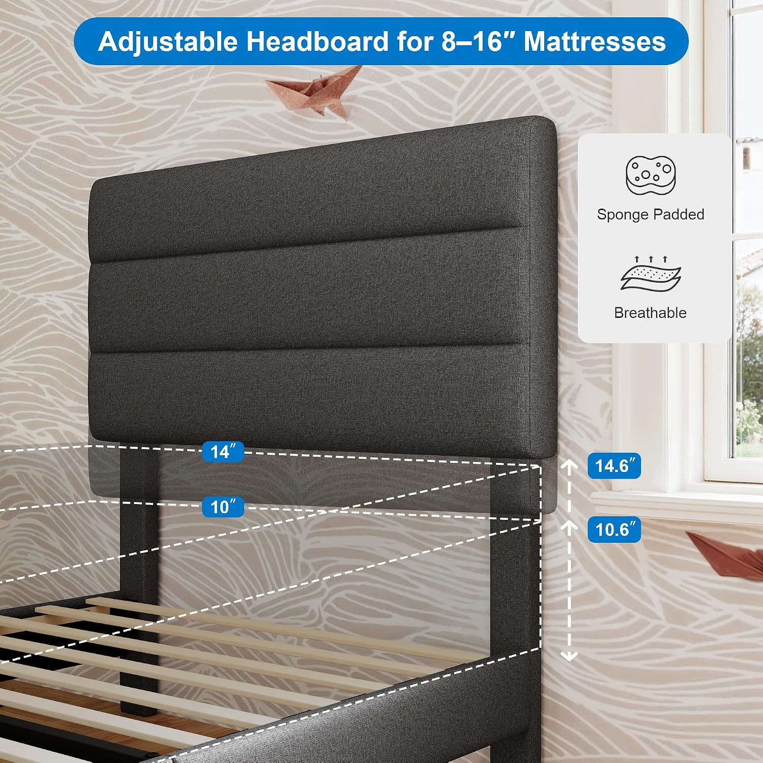 GOLDORO Twin Size Platform Bed Frame with Upholstered Headboard, Wooden Slats Support, No Box Spring Needed, Easy Assembly, Dark Grey