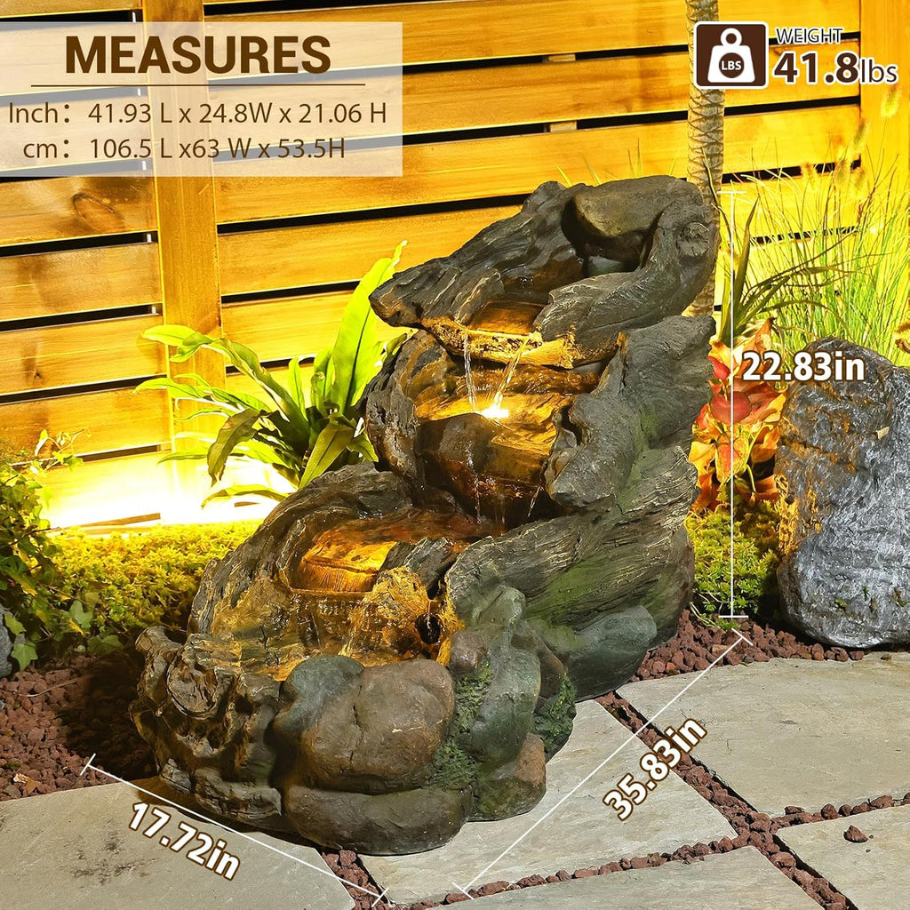 Sunlinua 37' L Outdoor Water Fountain with 3 Tiers Cascading Realistic Tree Trunk Waterfall Fountains with LED Lights Outdoor Water Fountain for Garden Patio Backyard Porch Home Decor