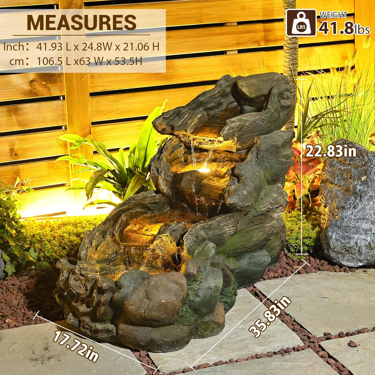 Sunlinua 37' L Outdoor Water Fountain with 3 Tiers Cascading Realistic Tree Trunk Waterfall Fountains with LED Lights Outdoor Water Fountain for Garden Patio Backyard Porch Home Decor
