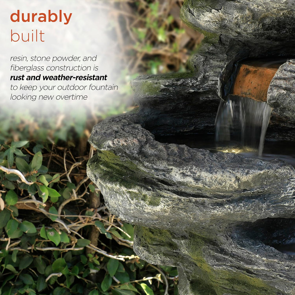 Alpine Corporation WIN1146 Outdoor Floor Cascading 8 Tiered Rock Garden Water Fountain with LED Lights, 58', Gray