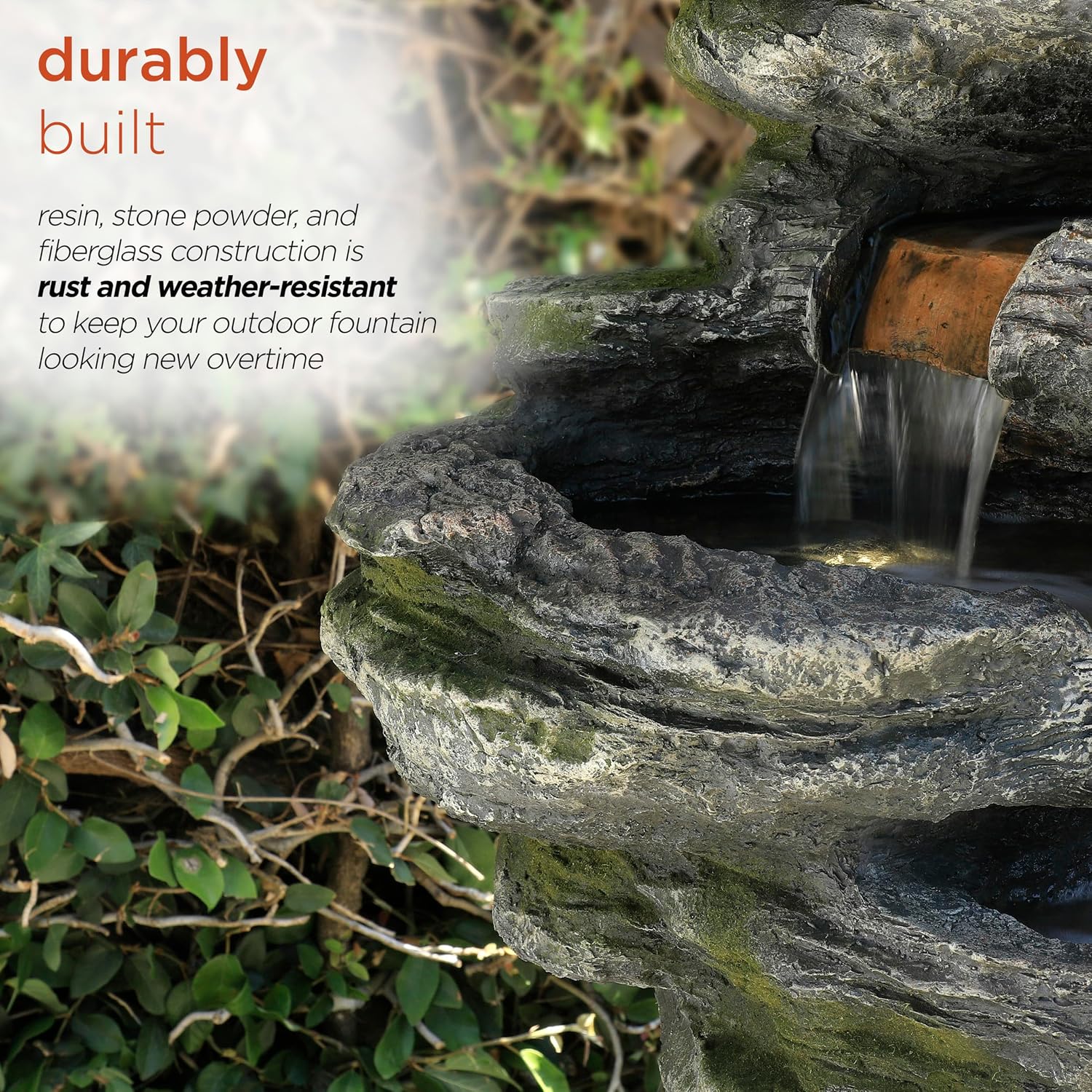 Alpine Corporation WIN1146 Outdoor Floor Cascading 8 Tiered Rock Garden Water Fountain with LED Lights, 58', Gray