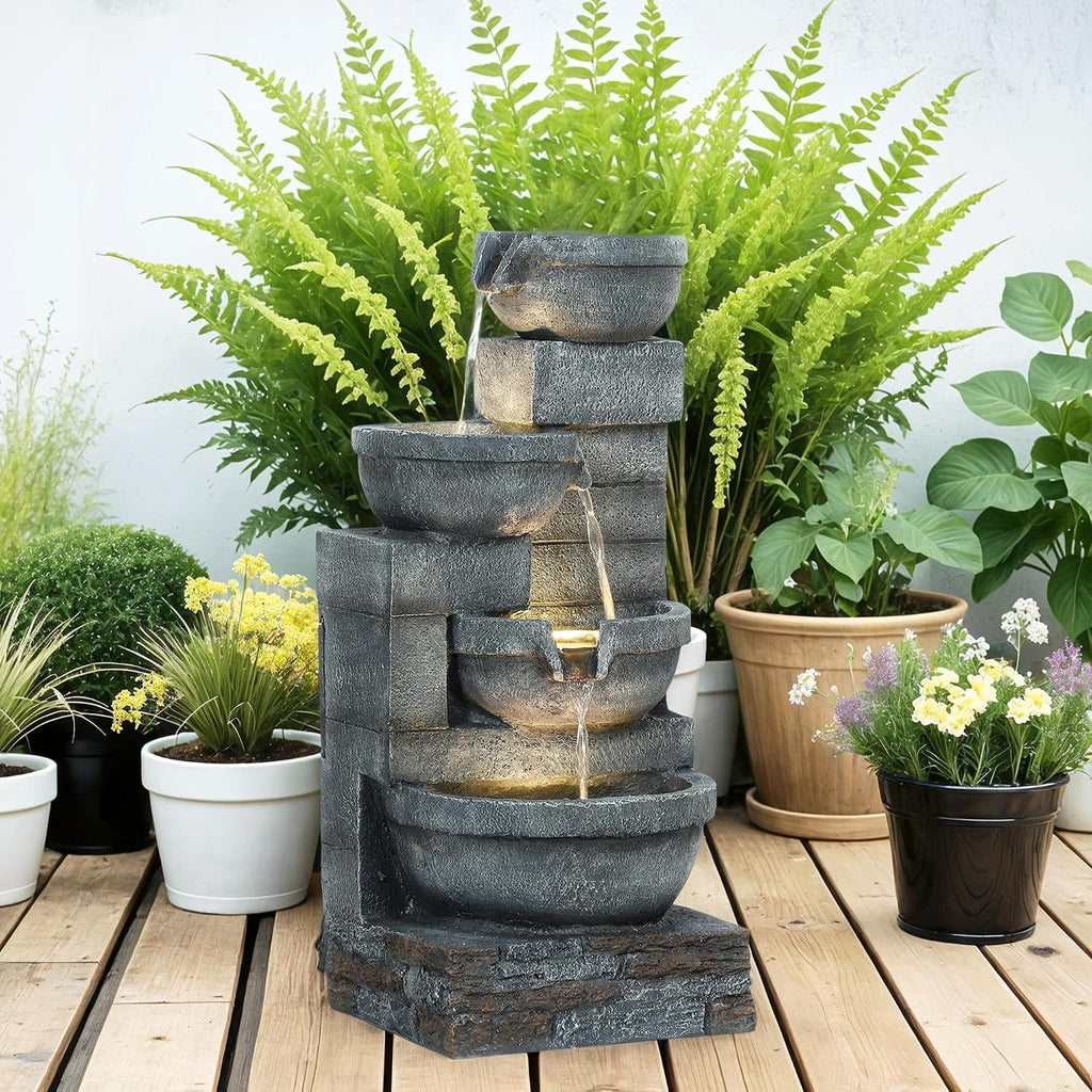 Outsunny 30' Tall Outdoor Waterfall Fountain with LED Lights, 4-Tier Resin Cascading Water Bowls with Pump, Gray