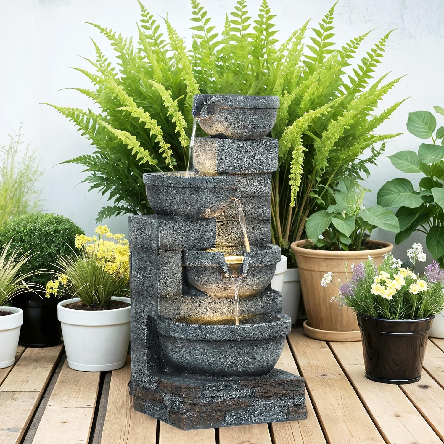 Outsunny 30' Tall Outdoor Waterfall Fountain with LED Lights, 4-Tier Resin Cascading Water Bowls with Pump, Gray