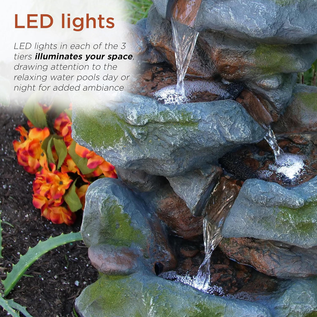 Alpine Corporation 22' Tall 3-Tier Outdoor Rock Waterfall Fountain with LED Lights, Natural Stone Look for Garden, Patio, Yard & Porch Decor, Gray