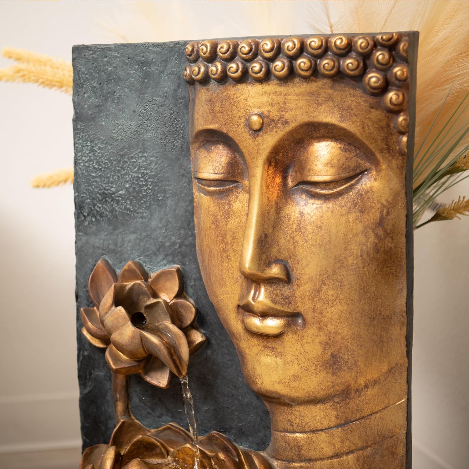 XBrand 30' H Zen Buddha Face Water Fountain w/LED Light & Pump, Indoor/Outdoor Freestanding, Relaxing Zen Décor, Bronze and Natural Grey Polyresin Fountain for Home Patio Garden Backyard