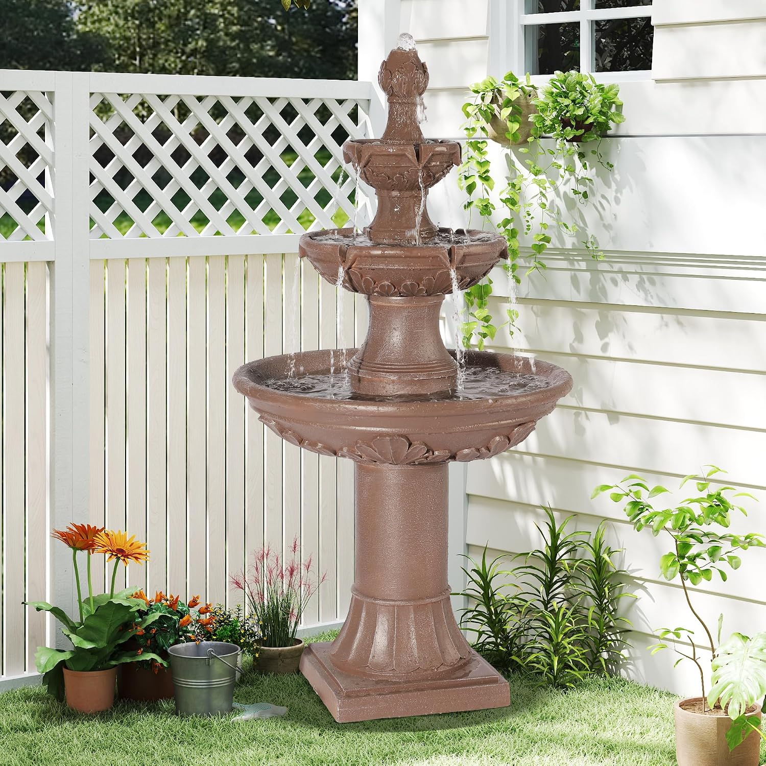 Italian Outdoor Water Fountains Garden Decor - 48.4''H Fountains and Waterfalls Outside, Large Cascading Indoor Floor-Standing Resin Bubbler Fountain Features W/Pump for Patio, Yard (Brown)