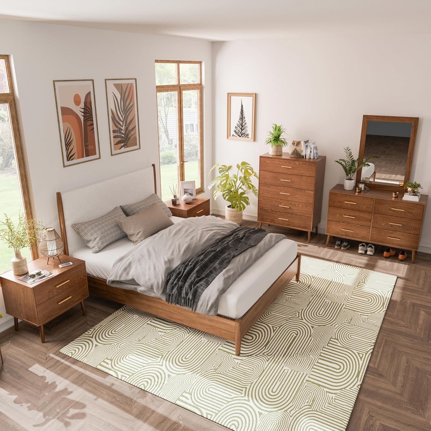 Furniture of America Wyatt Modern Solid Wood Bedroom Collection with Queen Bed Frame, Nightstands, Dresser with Mirror, Chest, No Box Spring Needed, Walnut, Boucle Platform, 6-Piece Set
