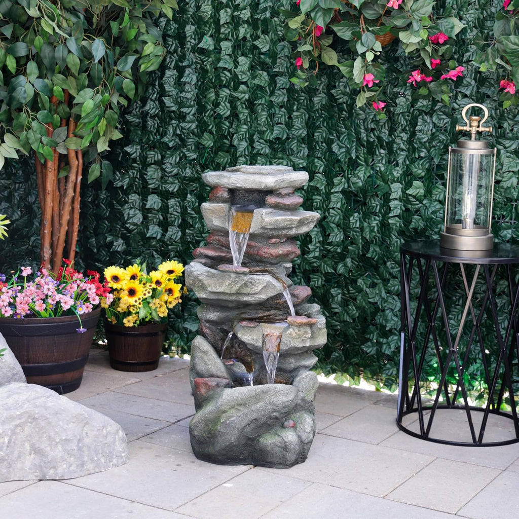 Alpine Corporation 31' Tall Outdoor 4-Tier Rock Floor Fountain, Cascading Waterfall with Cool White LED Lights, Gray