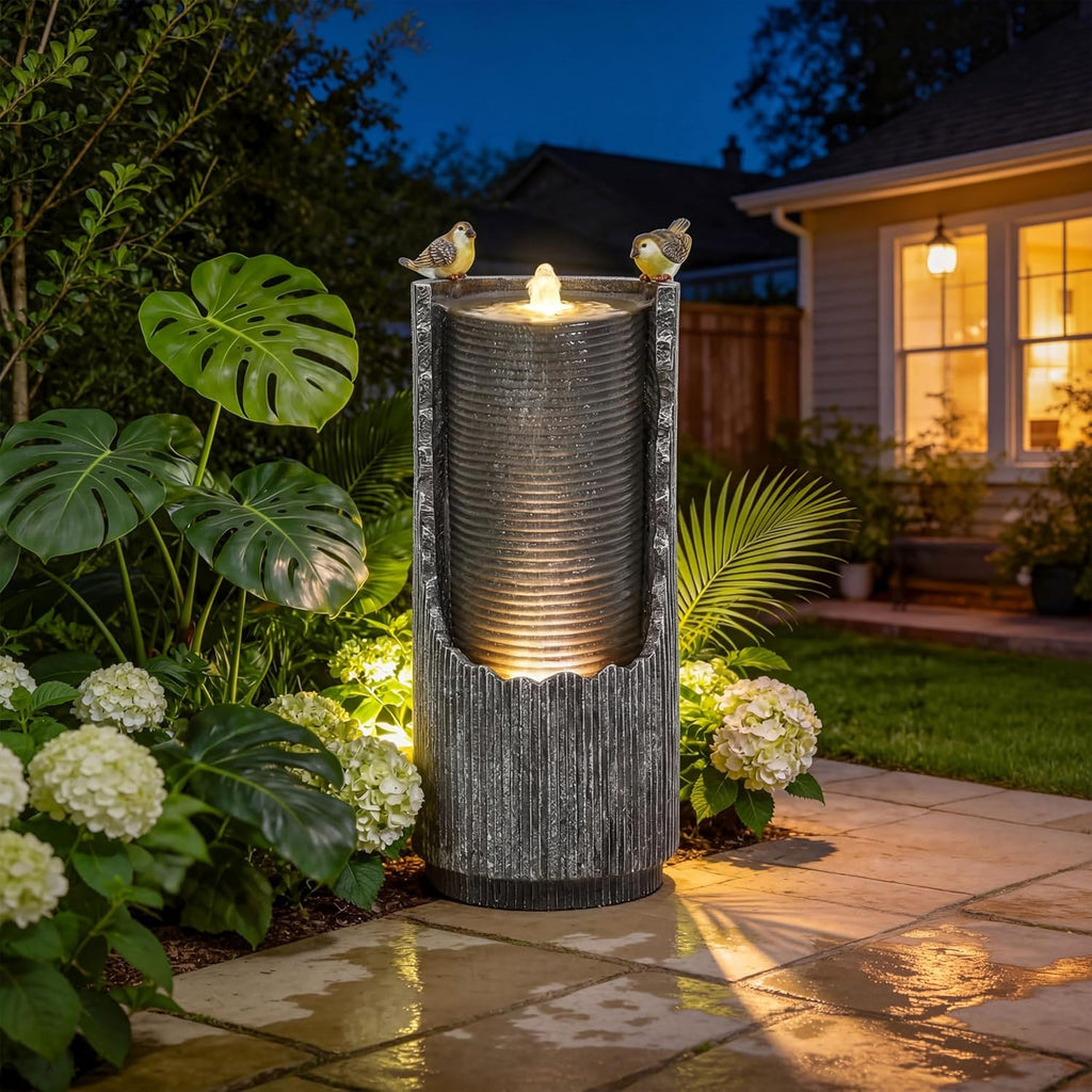 32' Rustic Cracked Jar Water Fountain Outdoor with LED Lights, Polyresin Freestanding Waterfall Feature, Tranquil Oasis for Garden, Patio, Yard, or Porch