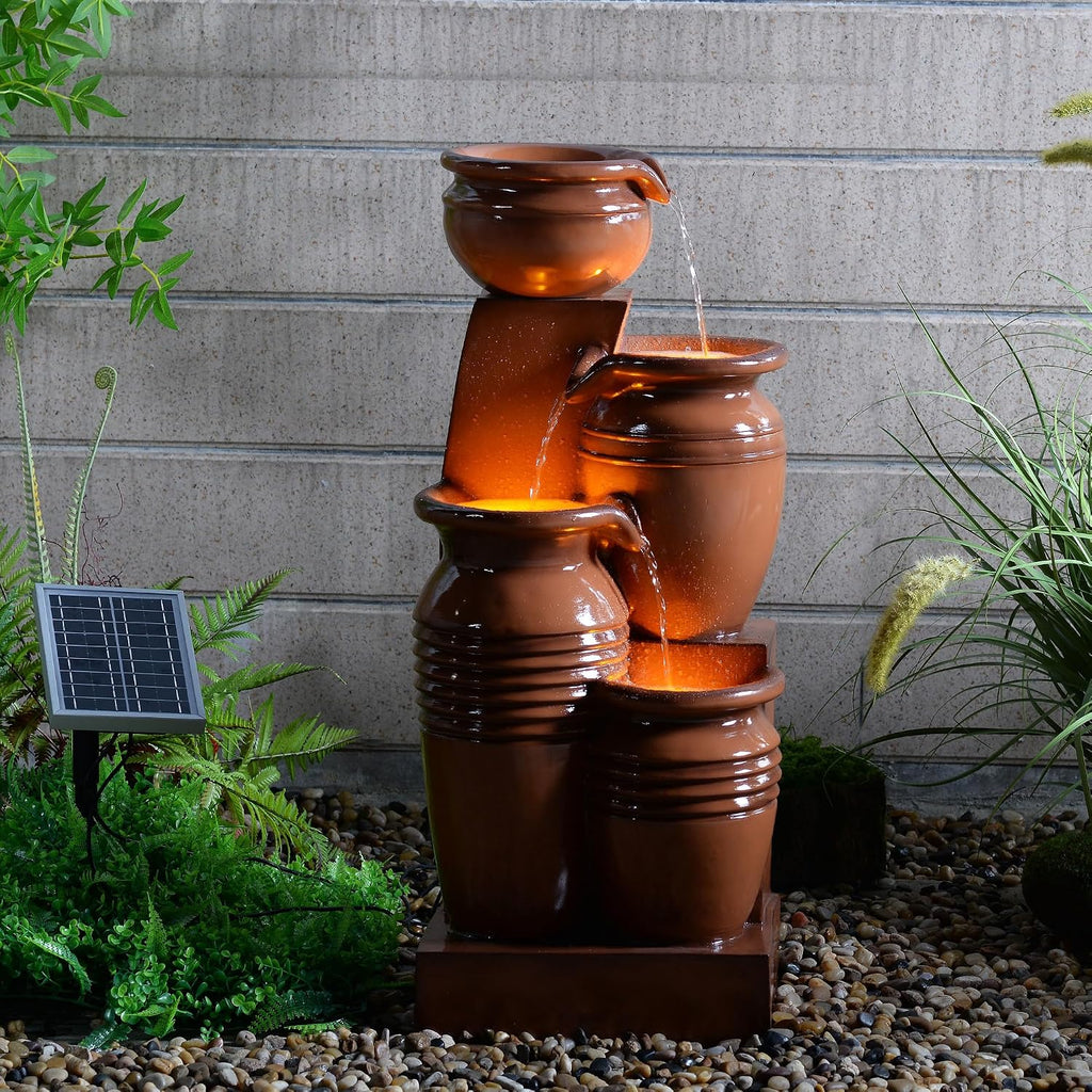 Teamson Home 28.7' 4-Tier Cascading Bowl Solar Powered Water Fountain for Outdoor Living Spaces, Terracotta