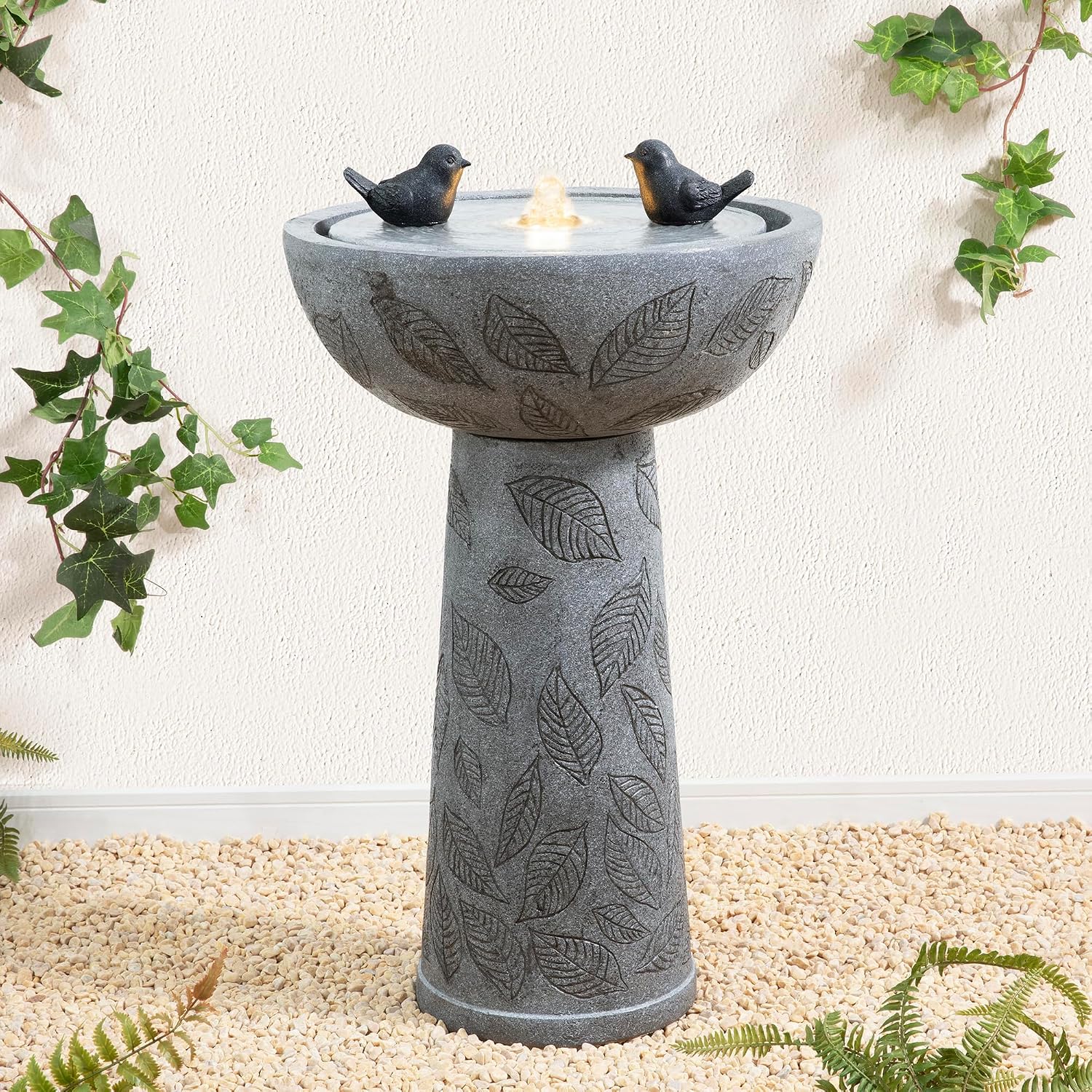 Glitzhome Outdoor Water Fountain with Lights & Pump, Bird Bath Fountain with Birds, 27.5' H Polyresin Floor Waterfall Fountains Water Feature for Garden, Yard, Patio, Home Decor