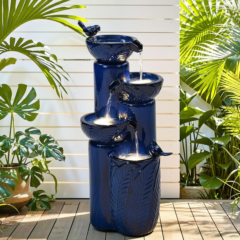 33' H Ceramic Outdoor Water Fountain with LED Lights, 4-Tier Bowl Water Feature with Birds, Cobalt Blue Glaze, Embossed Leaf Pattern, Cascading Waterfall for Tranquil Garden, Patio, or Porch