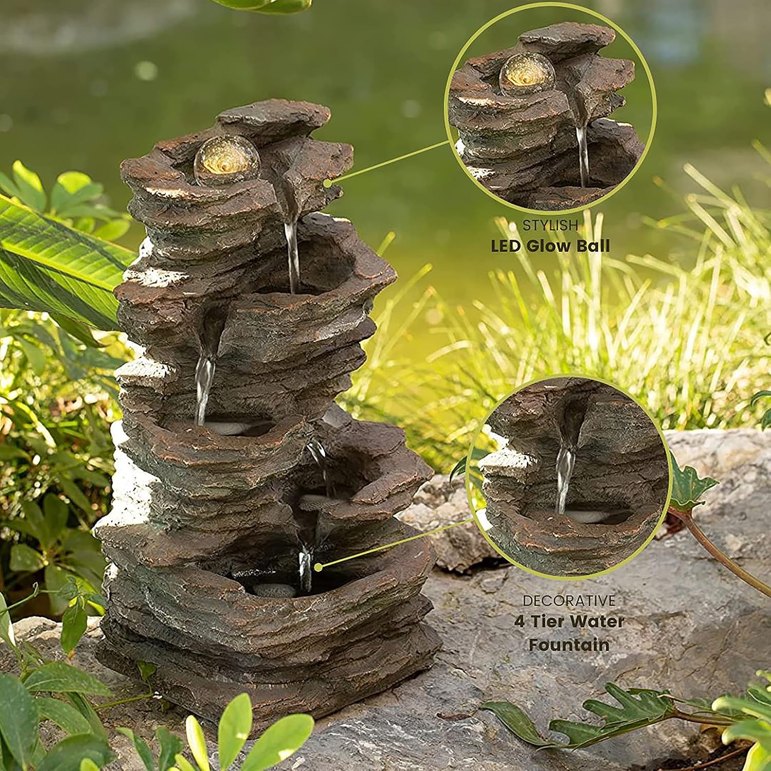 Gardenised Decorative 4 Tier Rock Look Water Fountain with LED Rolling Glow Ball for Home and Garden, Gray