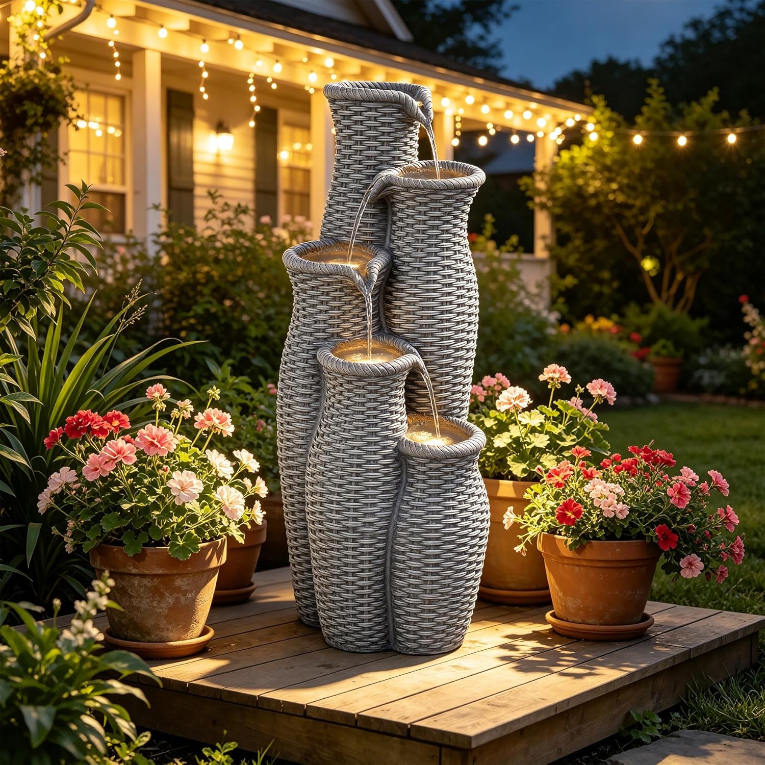 Outdoor Water Fountain with Lights, 5-Tier Faux Rattan Vase Waterfall, Textured Gray Polyresin Cascading Waterfall Feature with Soothing White Noise for Garden, Patio, Yard, or Porch